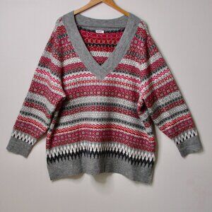 Penningtons Gray Pink Fair Isle V-neck Sweater Ribbed Oversized Plus Size 3X